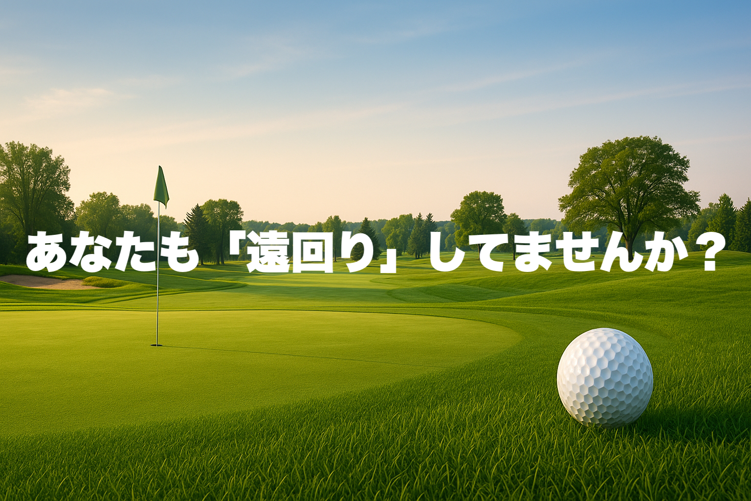 練習の成果が出ず、夕暮れのゴルフグリーンで物思いにふける初心者ゴルファー