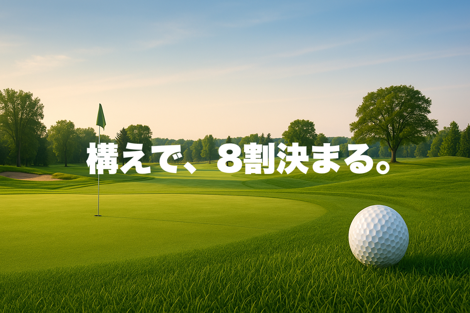 夕暮れのゴルフコースで、アドレスの重要性に気づき物思いにふけるゴルファー