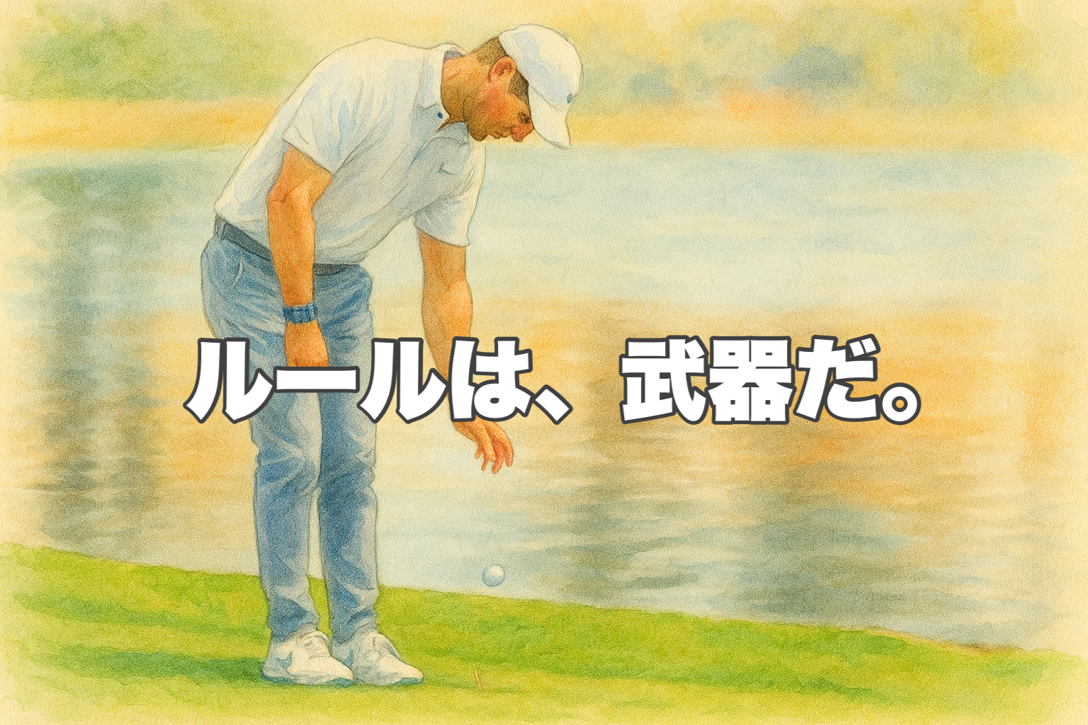ゴルフのルールに基づき、ペナルティエリア（池）の横でボールを正しくドロップするゴルファーのイラスト