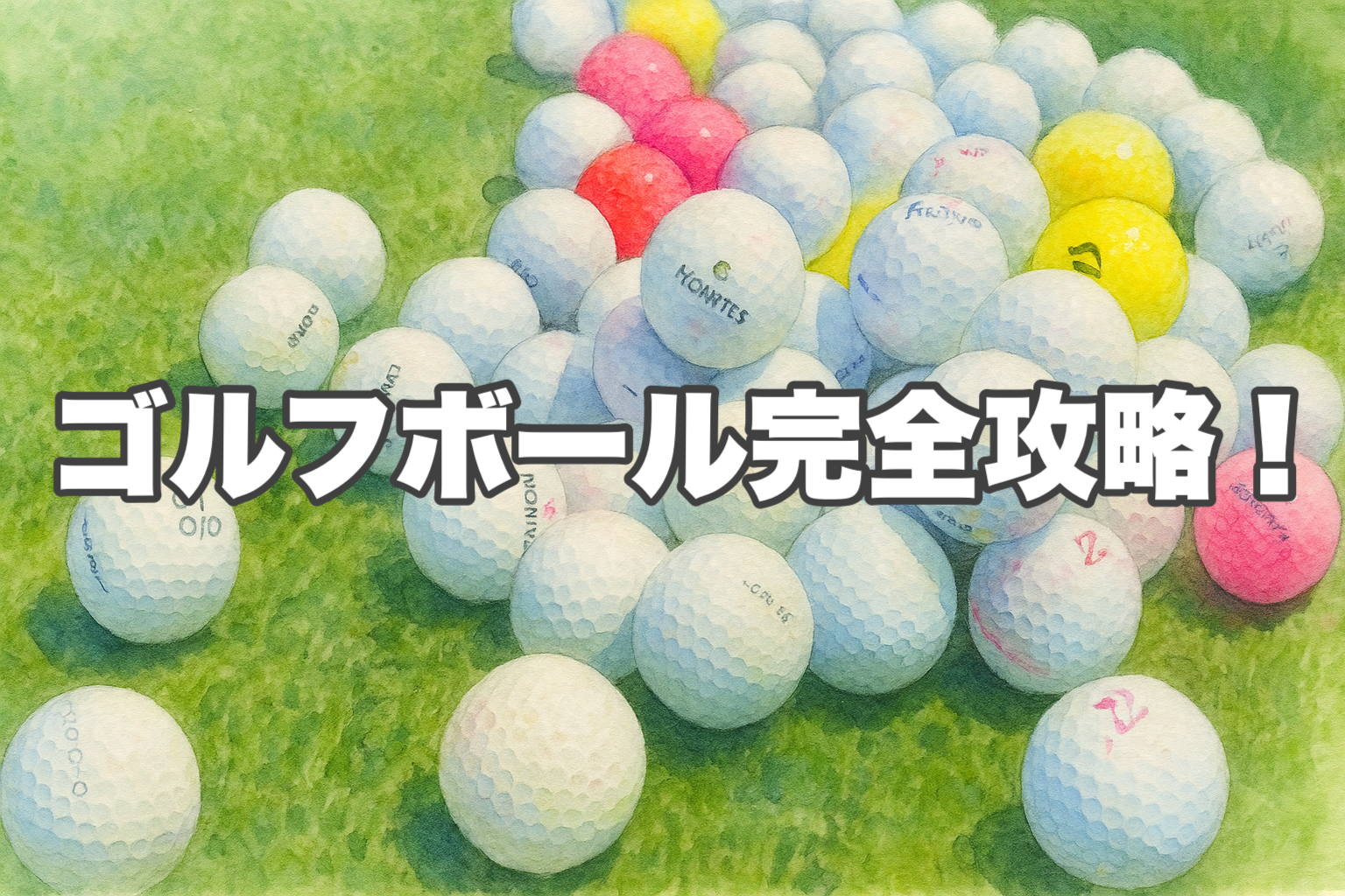 多種多様なゴルフボールと「ゴルフボール完全攻略」というタイトルが描かれた、ボールの選び方を解説する記事のアイキャッチ画像