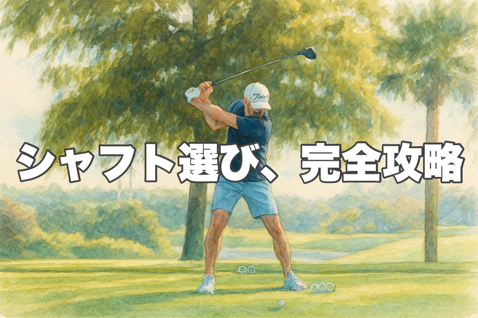 ゴルフのシャフト選びの重要性を示す、「シャフト選び完全攻略」というタイトル入りのドライバーショットのイラスト