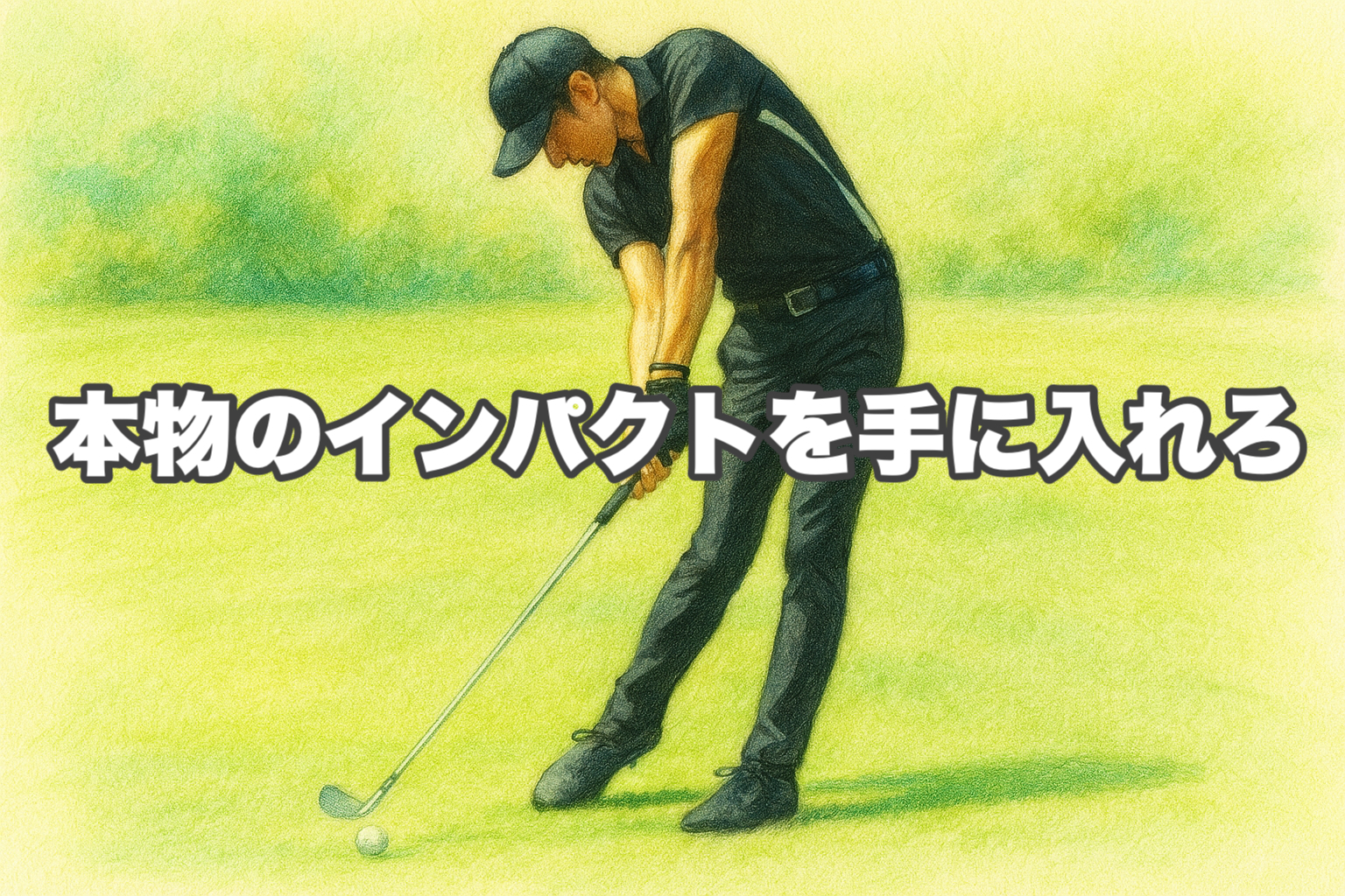 ゴルフの理想的なハンドファーストインパクトの瞬間を示すイラスト