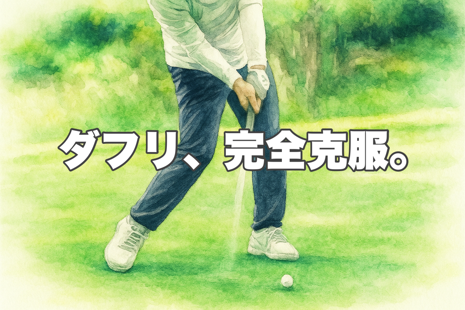 ゴルフのダフリの原因と直し方を解説する、「ダフリ、完全克服。」というタイトルが入ったアイアンショットのイラスト